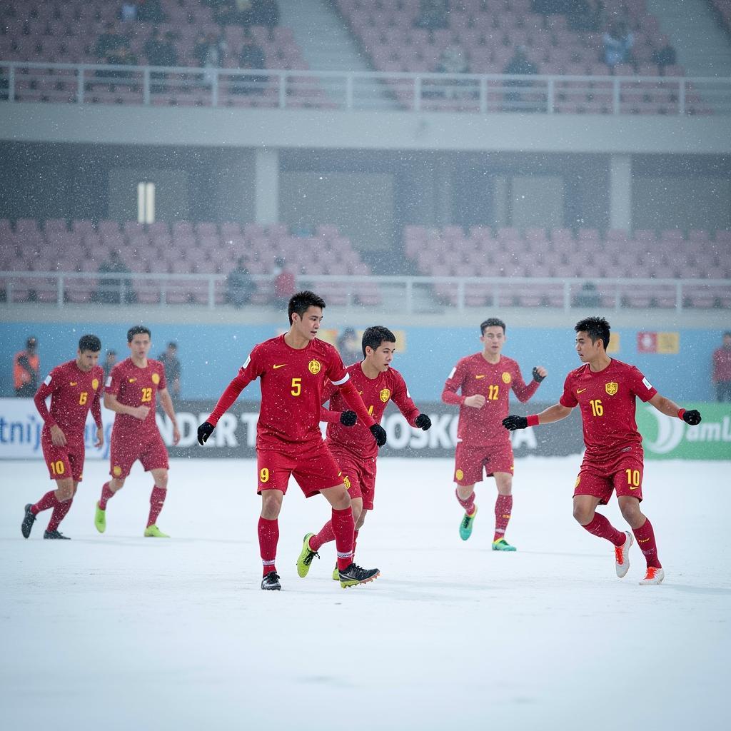 U23 Việt Nam chiến đấu dưới trời tuyết dày trong trận bán kết U23 châu Á 2018